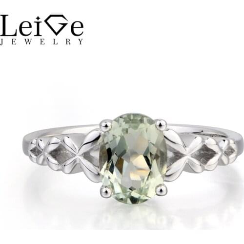Leige Jewelry Natural Green Amethyst Ring Engagement Ring Oval Cut Gemstone Green Gems 925 Sterling Silver Solitaire Ring Gifts