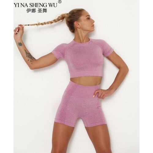 2 Piece Seamless Sport Suit Short Sleeve Fitness Crop Top High Waist Seamless Shorts Leggings Women Gym Workout Clothes Yoga Set