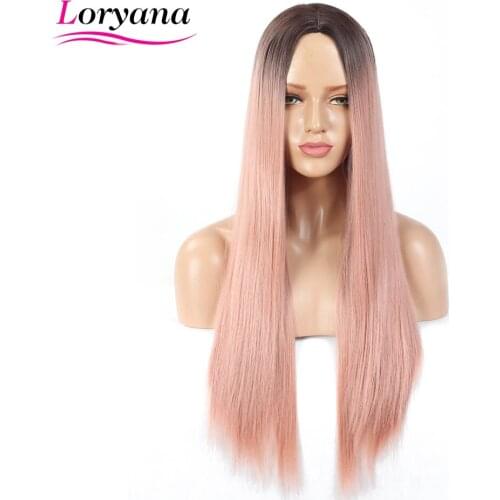 Loryana Hair Mixed Orange pink Synthetic Wig Straight Middle Part Heat Resistant Fiber For Women Cosplay Long Wig
