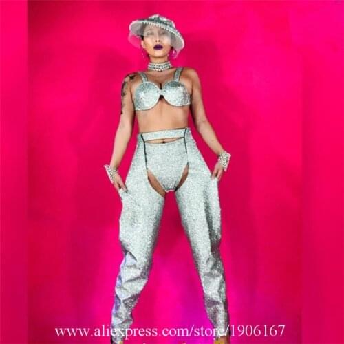 Fashion Models Catwalk Show Silver Super Shiny Sexy Bra Costumes Dance Team Bikini Suit With Hat Halloween Christmas Clothing