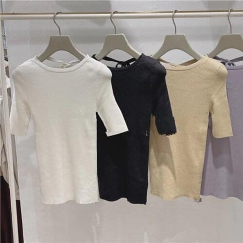 O Neck Backless Lace-up Design Solid Pullovers Women Short Sleeve Slim Stretch Knit Sweates Japan Style Simple Elegant Ol Tops