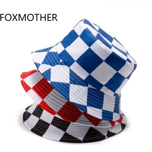 FOXMOTHER New Fashion Black Red Blue Plaid Check Bucket Hats Hip Hop Mens Panama gorras chapeu Fisherman Caps