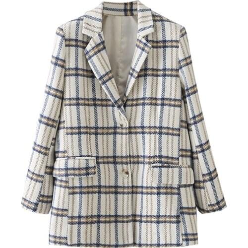 Vintage Stylish Casual Warm Plaid Jacket Coat Women Elegant Fashion Lapel Collar Long Sleeve Loose Outerwear Chic Tops