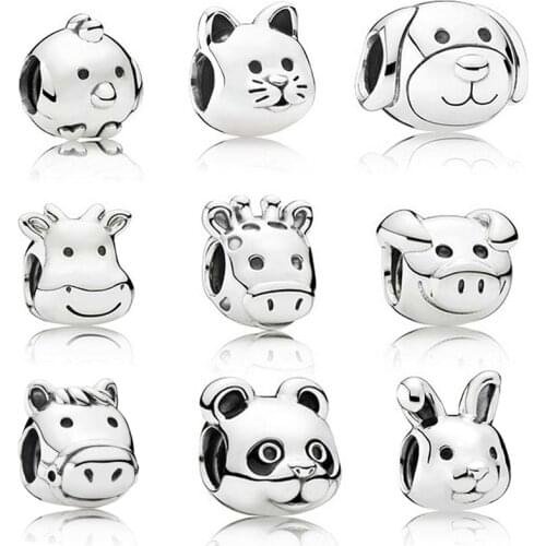 Fit Original Pan Bracelet Femme 2021 DIY Chick Cat Panda Cow Pig Deer Dog Rabbit Pony Beads Animal Charms for Women Bangles Gift