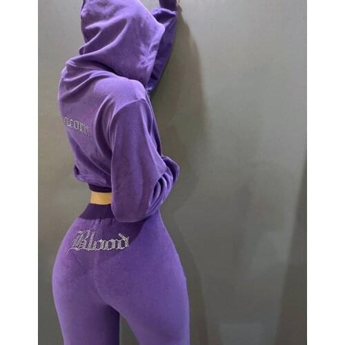 Purple/Orange Letter Diamond Embellished Velvet Cotton Fleece Cropped Hoody/Jogger Pants Twinset High Waist Sweatpants Trousers