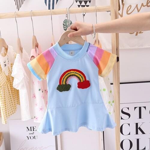Rainbow Summer Baby Girl Dress Cute Children Fashion Clothes Short Sleeve Toddler Casual Cotton Costume Infant Sport Clothing