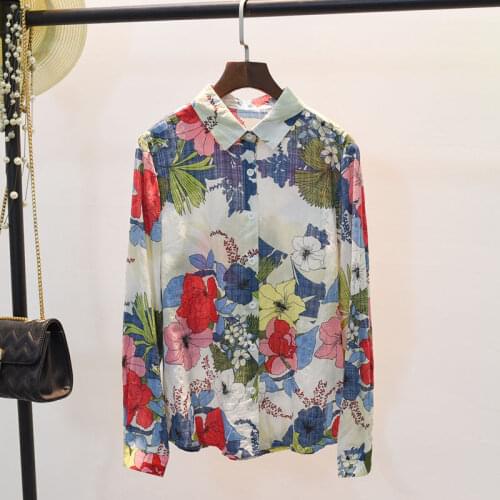 100% Cotton Linen Button Up Shirt Women Long sleeve Floral Vintage Top Shirt 2020 Autumn Ladies Blouse Casual Office White