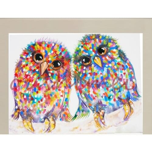 Hand Painted Animal Birds Oil Painting on Canvas Colourful Night Owl Wall Artwork Picture for Home Decor Stretched On Wooden