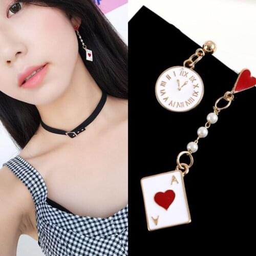 Korean girl playing card clock asymmetric earrings sweet Alice dripping oil pearls cute earrings ear clips