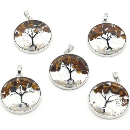 Tiger Eye Stone Natural Stone Round Transparent Tree of Life Pendant for Jewelry Making DIY Accessories Fit Necklace Earrings