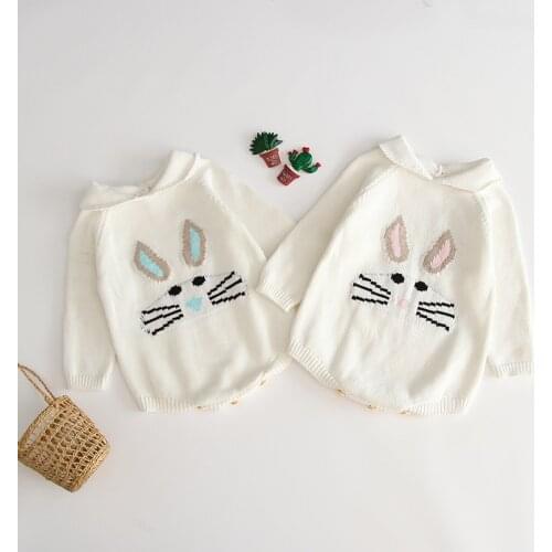 Cartoon mouse/bunny embroidery long sleeve sweater romper baby girls cotton knitted jumpsuit for girls onesie baby clothing