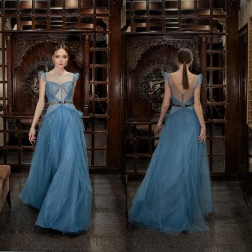 2021 New arrival Prom Gowns Sexy Sheer Neck Short Sleeve Tulle Evening Dress Floor Length Backless Cocktail Dresses robes de