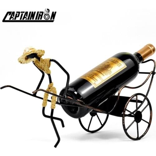 CAPTIANIRON Man Wearing Straw Hat Rickshaw Wine Stand Retro Iron Wine Holder Beer Holder Metal Decoration for Bedroom Home Decor