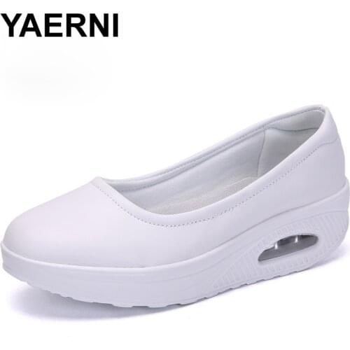 YAERNI Women Nurse Flats Shoes PU Leather Slip On Moccains Ladies Round Toe White Loafers Flat Women Sneakers Autumn Size 35-42