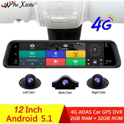 WHEXUNE12 Inch IPS 4 Channel 4G Android Dash Cam ADAS WIFI Car DVR Video Recorder Full HD 1080P Rearview Mirror GPS Navigation