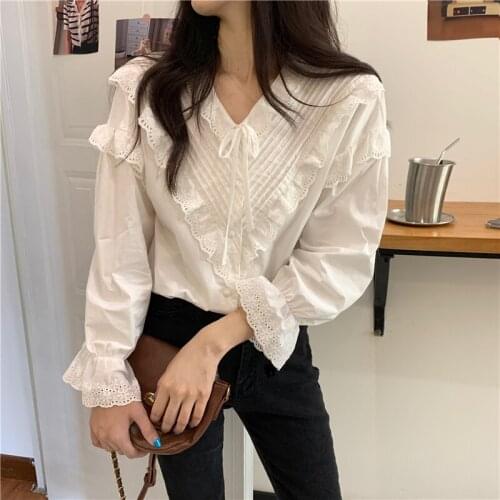 2021 Spring Women Hollow Out Vintage Casual Elegant Tops Women Shirt Solid Long Sleeve Korean Style Bow Loose Blouses Blusas