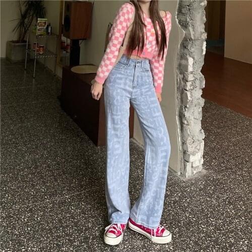 2021 New Womens Fashion Jeans Trend Letter Printing Streetwear High Waist Wide Leg Pants Girl Student Straight Denim Trouser