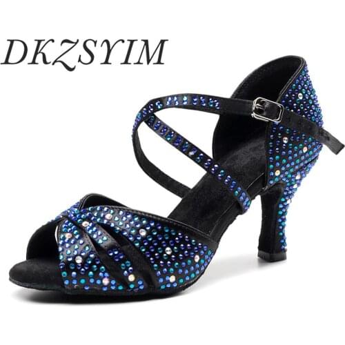 DKZSYIM Ladies Party Dance Shoes Satin Soft Bottom Tango Dance Sandals Women Professional Dancing Shoes Rhinestone Heel 5-10CM
