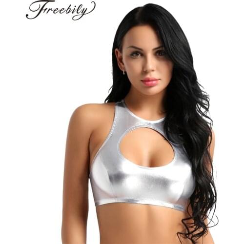 Women Shiny Faux Leather Sleeveless Cutout Cropped Tank Top Nightclub Party Stage Costume Sexy Women Pole Dance Rave Clothing