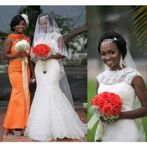 Vintage New Arrival South African Black Women Full Lace Mermaid Wedding Dresses Sheer Crew Neck Sexy Back Bridal Gowns Robe De