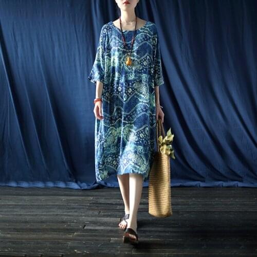 Women Summer Printed Half Sleeve Dress Ladies Cotton Linen Retro Dress Female 2020 Loose Round Neck Dresses