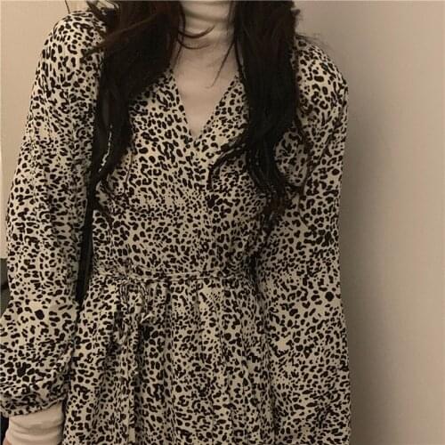 Women Spring Elegant V Neck Leopard Long Wrap Bandage Chiffon Dress Waistbelt Full Sleeve High Waist A-line