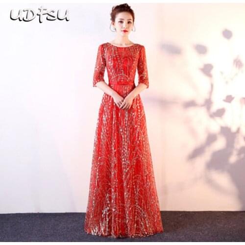 UDFSU Women Round Neck Half Sleeve Formal Dresses Appliques Vintage Evening Dress Robe-de-soiree Elegant Long Evening Gown