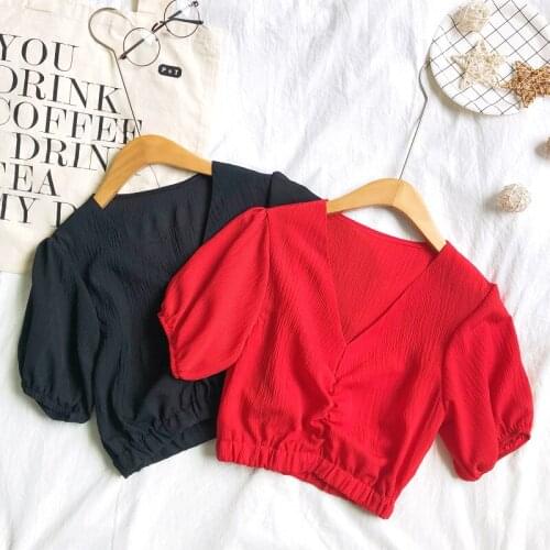 2020 Women Summer Deep V-Neck Short Puff Lantern Sleeve Basic Chiffon Shirt Elegant Slim High Waist Elastic Pullover Blouse Tops