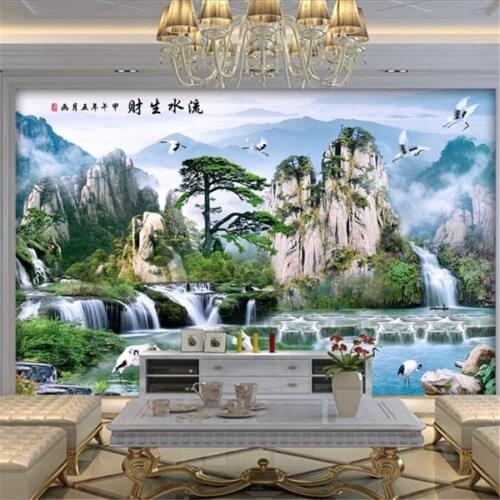 Wellyu Custom wallpaper 3d mural fairy crane peony waterfall flowing water landscape living room bedroom 3D background wall обои
