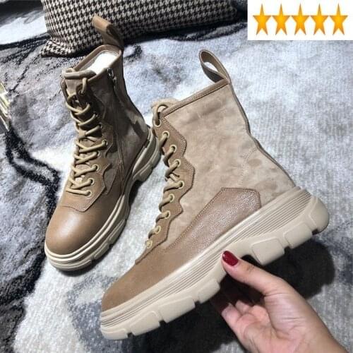 Women Platform Genuine Leather Casual Lace-Up Safety Ankle England Style Side Zip Biker Boots Zapatos De Mujer