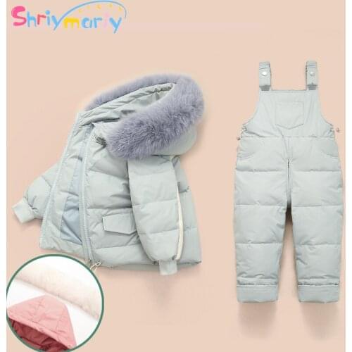 -30 Degrees Winter Jacket for Boys Girls White Duck Down Overalls Fur Hooded Snowsuit Jumpsuit Parka Suits Children Clothes Set