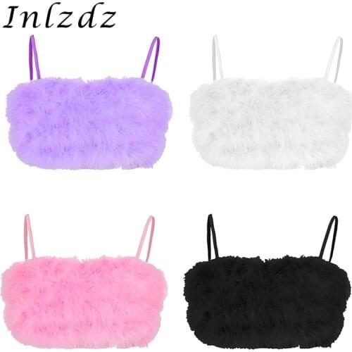 Women Sexy Crop Top Pink Faux Fur Feathers Fluffy Plush Camisole Streetwear Festival Rave Party Clubwear Sleeveless Bandeau Vest