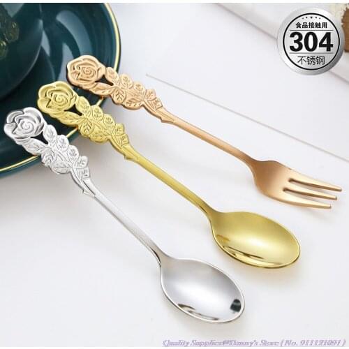 Quality 304 Stainless Steel Spoon Titanium Plated Rose Handle Coffee Spoon Creative Cute TeaSpoon Dessert Spoon Korean Tableware