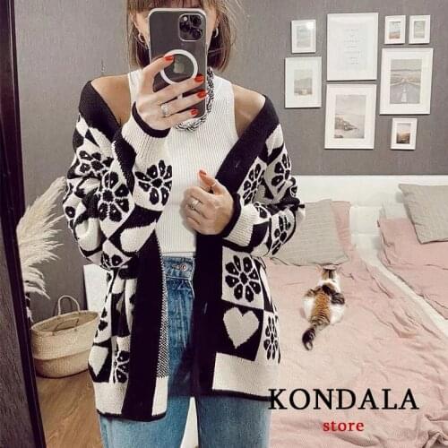KONDALA Za 2021 Vintage Floral Knitted Cotton Women Cardigans Long Sleeve V Neck Loose Sweaters Female Casual Fashion Jackets