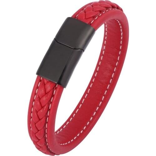 Trendy Men Bracelets Red Braided Leather Bracelet Stainless Steel Magnetic Buckle Handmade Leather Bangles Male Jewelry PD0590