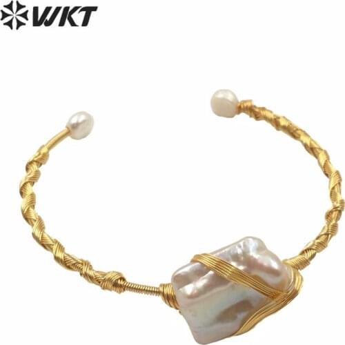 MPB012 Gorgeous unique freshwater pearl cuff bracelet bangle women fashion gold wire wrapped pearl party gift bangle jewelry