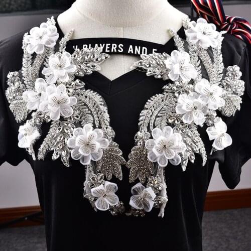 New 1 Pair Clear Crystal Rhinestone Lace Applique Glass Beaded Mesh Wedding Dress Decoration Patches Strass Fabric For Clothes