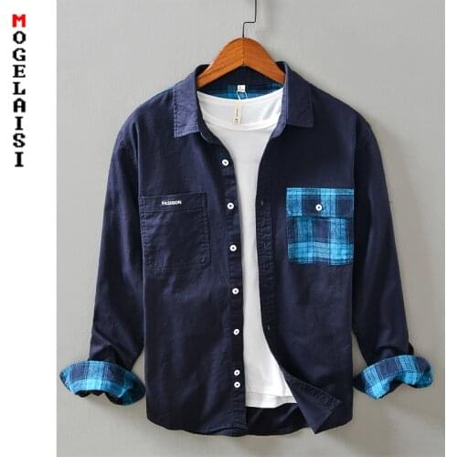 New 2020 shirt men autumn long sleeve paid 100% cotton Comfortable blue slim fashion shirt tops man camisas masculin 1221