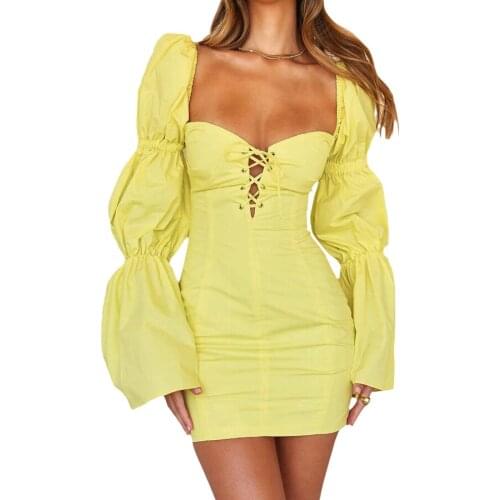 FiiShiMi Power 2021 Fall Clothing Long Sleeve Square Collar Dresses Office Lady Elegant Bandage Shirt Dress