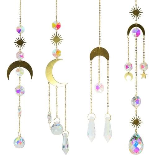 Moon Sun Crystal Pendant Wind Chime Handmade Crystal Car Interior Pendant Celestial Sun Moon Star Sky Car Decoration