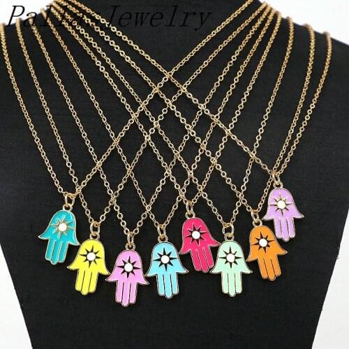 10Pcs Hamsa Hand Shaped with Star Enamel Copper Pendant For Women Girl Fashion Jewelry Necklace
