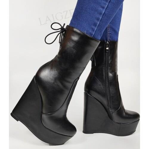 SEIIHEM SUPER Women Ankle Platform Wedges Boots High Heels Short Booties Handmade Black Ladies Shoes Woman Size 43 44 47 50 52