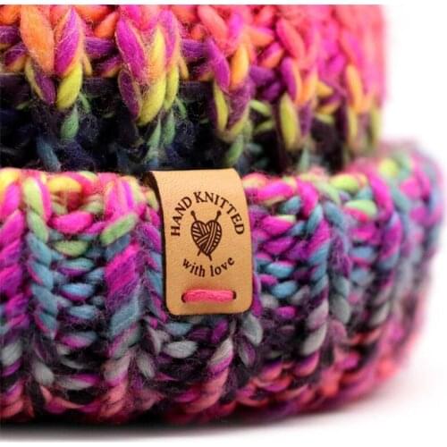 Folding Leather Label Pack - Hand knitted with love - O5 - Genuine italian crochet labels and sewing labels