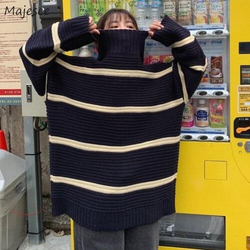 Turtleneck Sweater Women Thicken Patchwork Korean Style Baggy Warm High Street Boyfriend Unisex Winter Couple Fashion Tops Daily