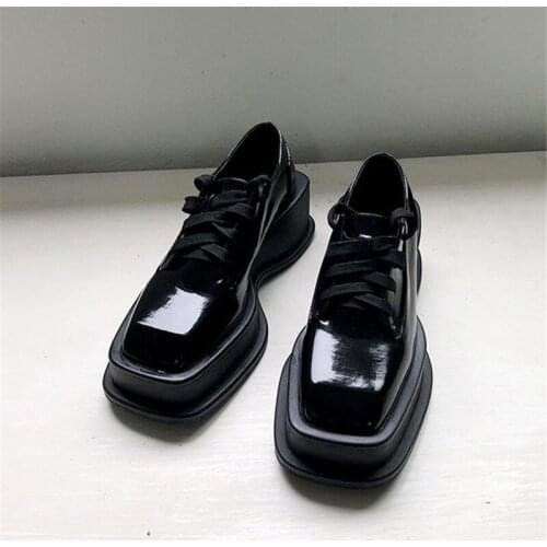 Retro Square Toe Women Leather Shoes Thick Sole Platform Shoes Woman Creepers Casual Wedges Tenis Feminino 7CM High Heel Shoe