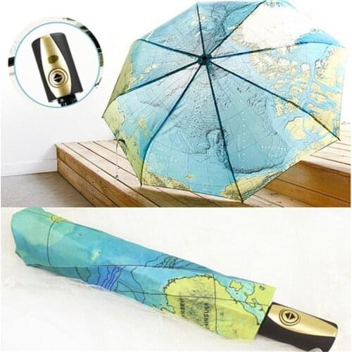 World Map Auto Open /Auto Close UV-Coating Windproof 3 Fold Umbrella with Bag Rain Women Men Umbrellas