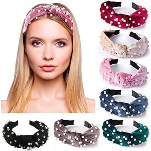 Women Hair Accessories Velvet Headband Full Pearl Middle Knotted Wide-brimmed Fashion Wild Wash Hair Band Headwear Hairbands