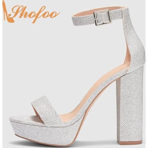 Shofoo Silver Sequin Cloth Ankle Wrap Platform Sandals Woman High Chunky Heels Buckle Strap Big Size 13 16 Ladies Fashion Shoes