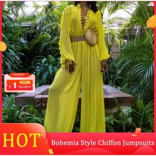 Jumpsuits Women Chiffon Bohemia Style Loose Fashion Casual Wide Leg Pants Sexy High Waist Lantern Sleeve Overall Female Jumpsuit