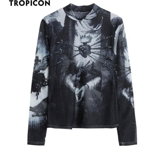 TROPICON Goth Mesh Top Women 2021 Trend Fashion Graphic T Shirts Long Sleeve Turtleneck See Through Tshirts European Clothing